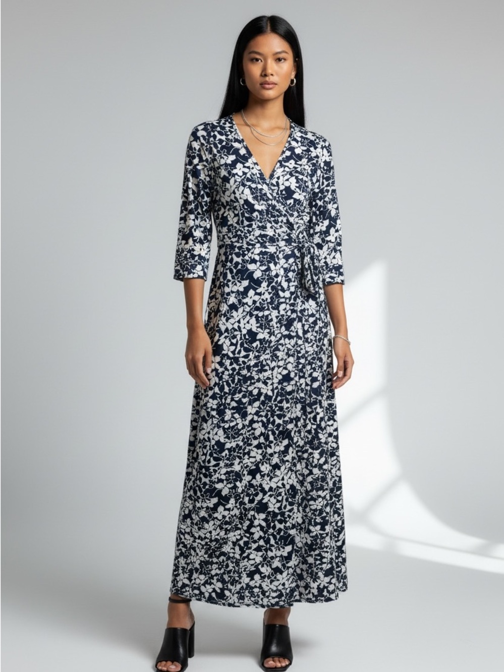 Women’s Navy & White Floral Wrap Maxi Dress